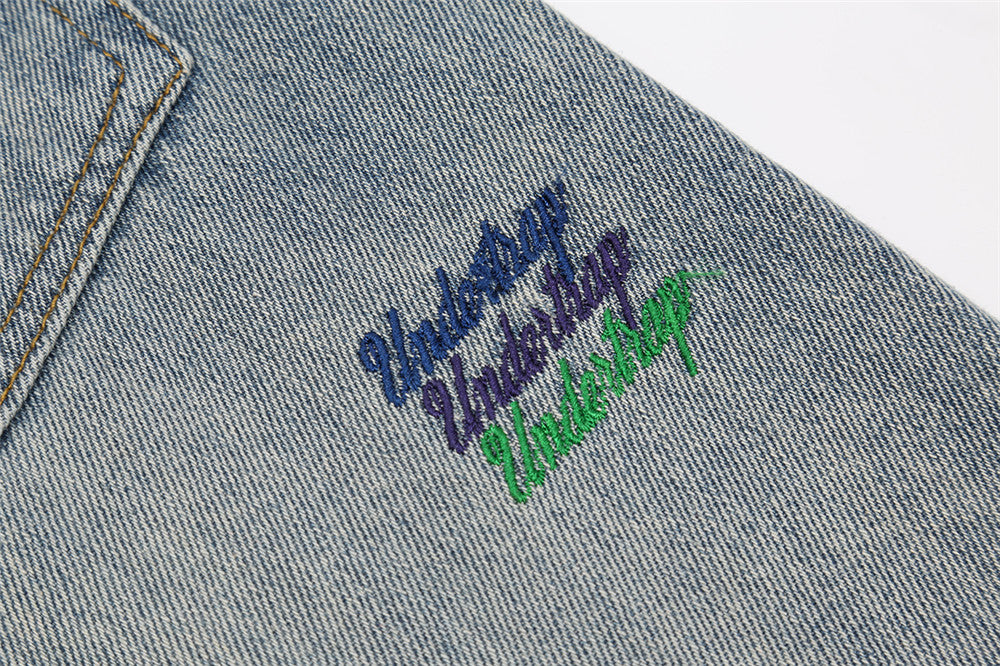 Letter Embroidery Jeans Men's Fashion Brand Burr Flared Pants