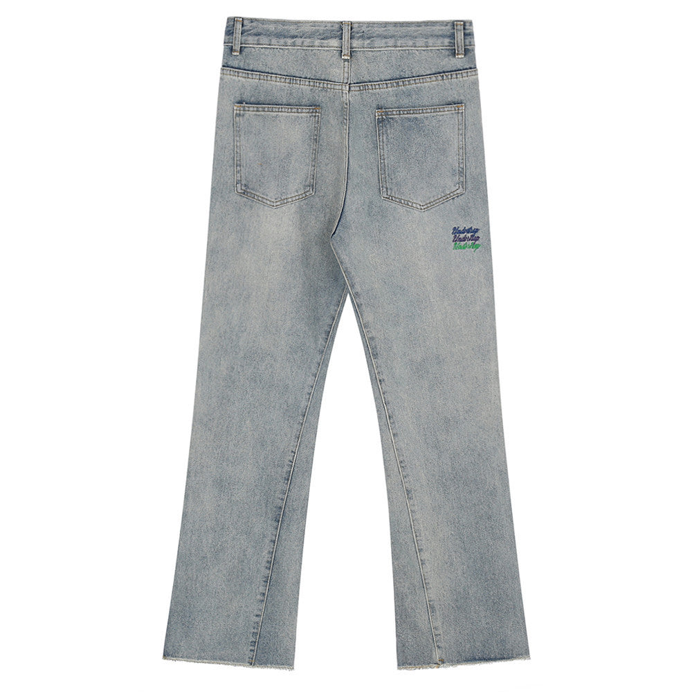 Letter Embroidery Jeans Men's Fashion Brand Burr Flared Pants