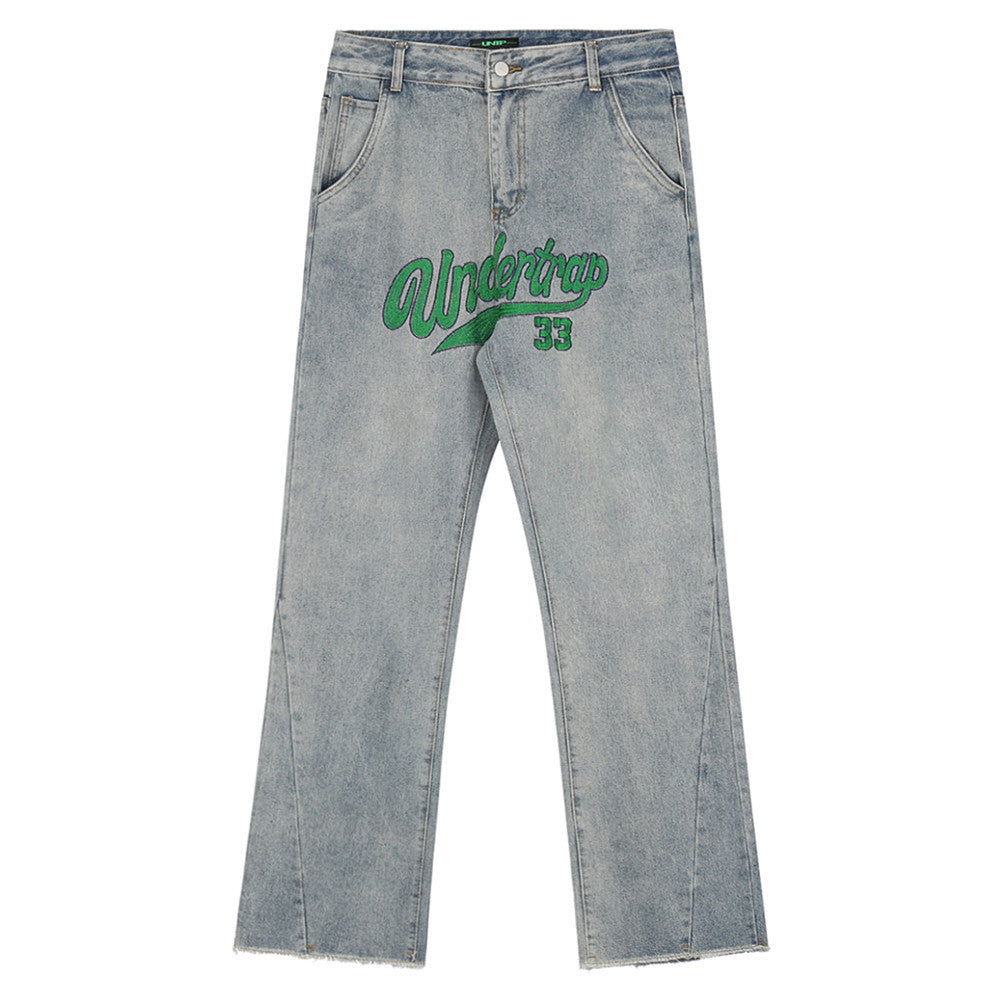 Letter Embroidery Jeans Men's Fashion Brand Burr Flared Pants