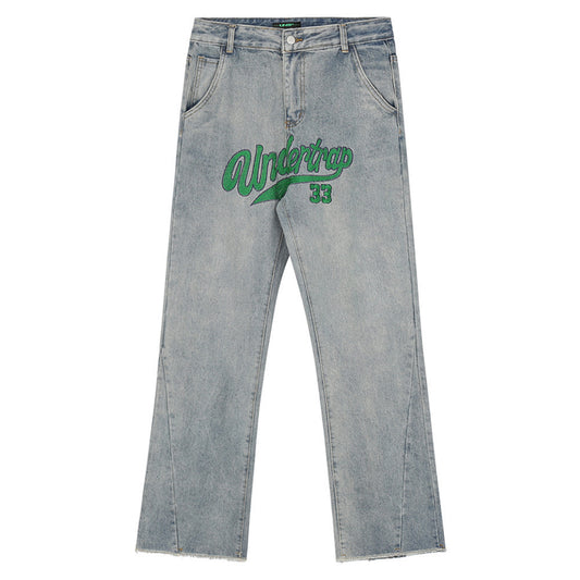 Letter Embroidery Jeans Men's Fashion Brand Burr Flared Pants