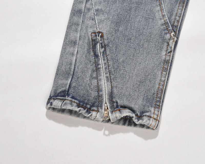 Wash Blue Zipper Splicing Jeans