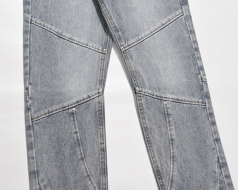 Wash Blue Zipper Splicing Jeans
