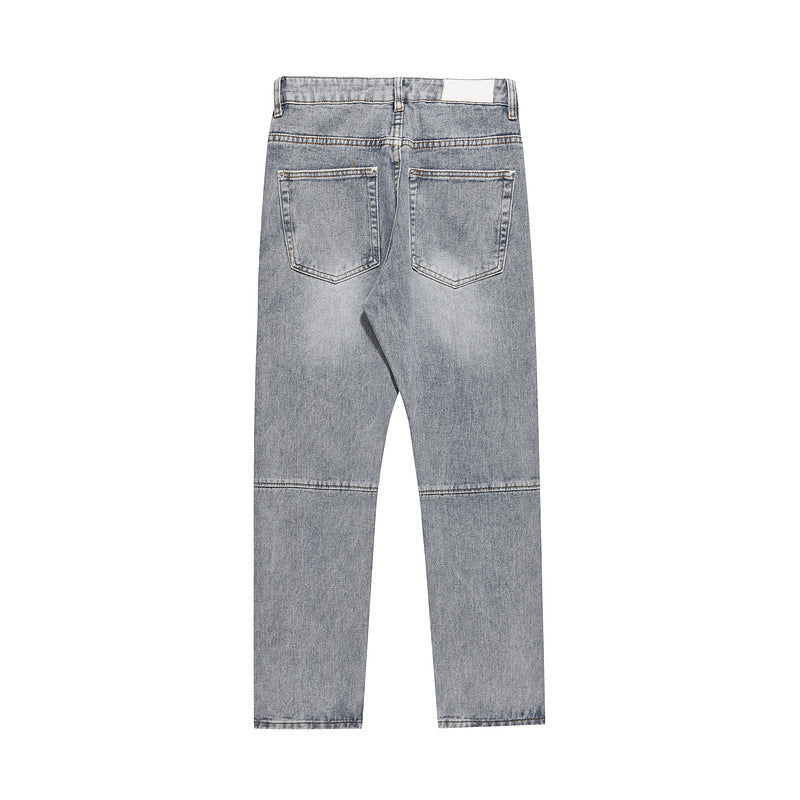 Wash Blue Zipper Splicing Jeans
