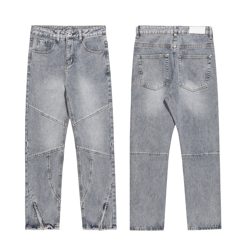 Wash Blue Zipper Splicing Jeans