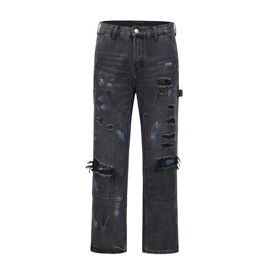Washed Splattered Black Zip-Up Jeans