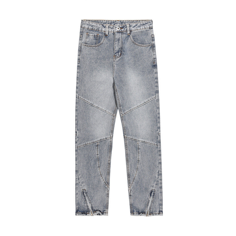 Wash Blue Zipper Splicing Jeans