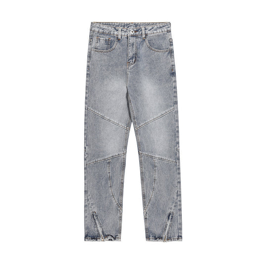 Wash Blue Zipper Splicing Jeans